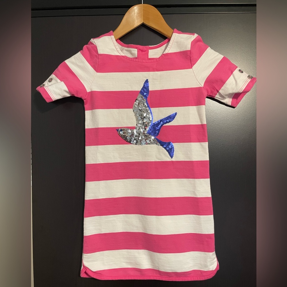 NWOT Pink and White Striped Dress with Sequin Bird